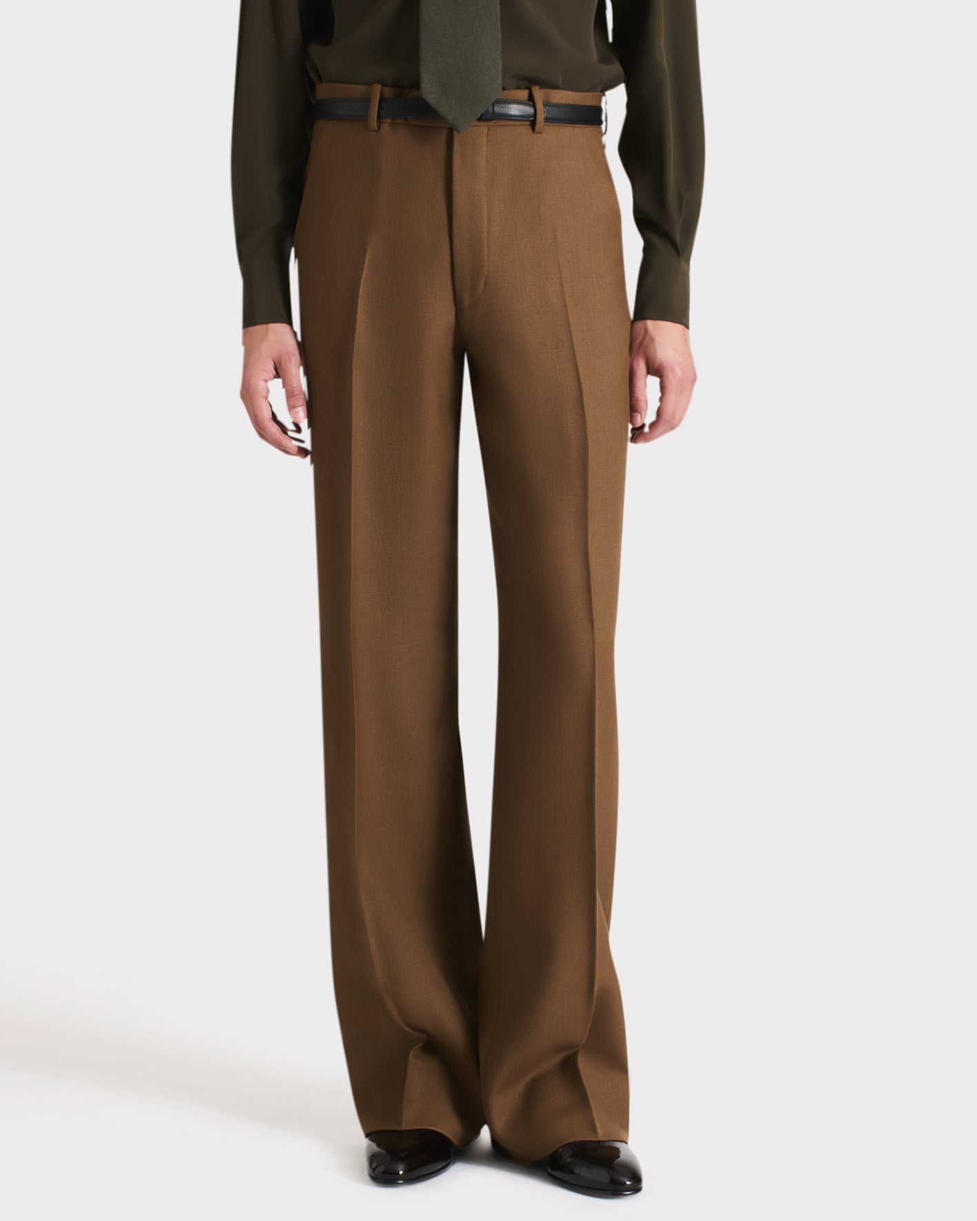 Husbands Paris | High Waisted Wide Trousers In Dark Bronze Worsted Wool Twill
