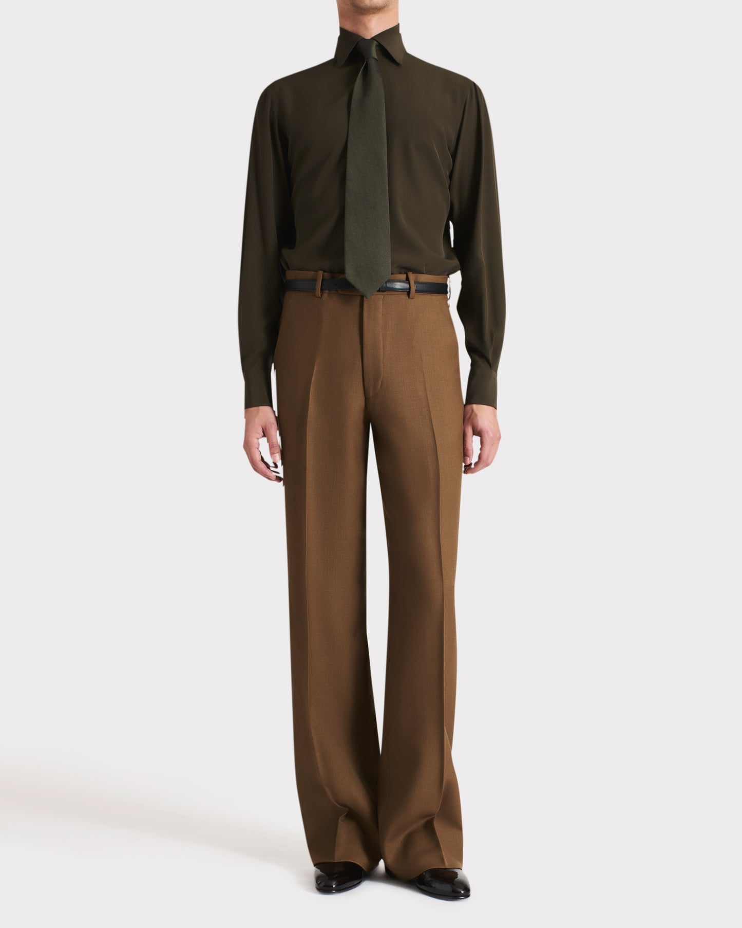 Husbands Paris | High Waisted Wide Trousers In Dark Bronze Worsted Wool Twill