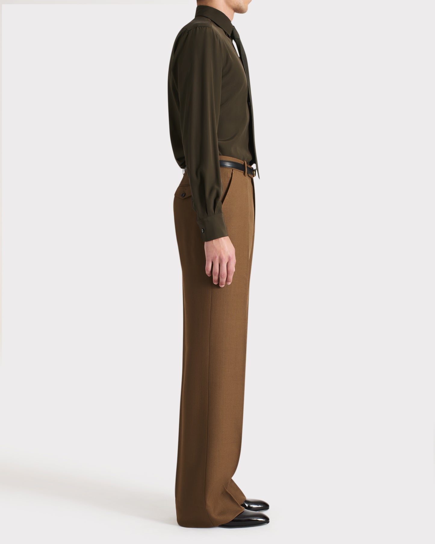 Husbands Paris | High Waisted Wide Trousers In Dark Bronze Worsted Wool Twill