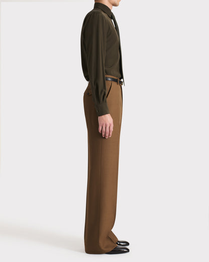 Husbands Paris | High Waisted Wide Trousers In Dark Bronze Worsted Wool Twill