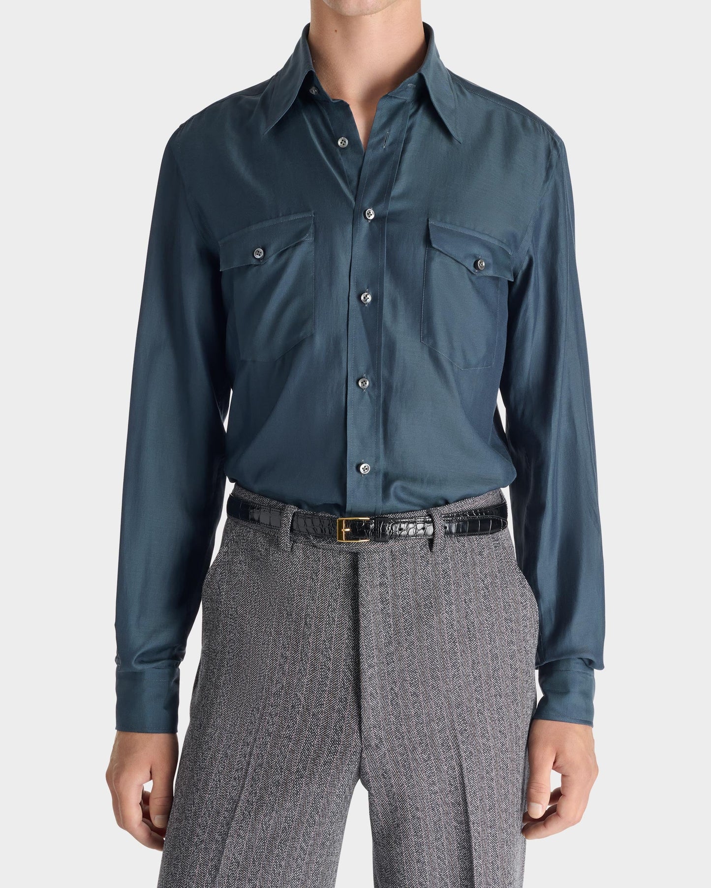 Husbands Paris | Wide Collar Shirt In Cotton & Silk Twill Indigo