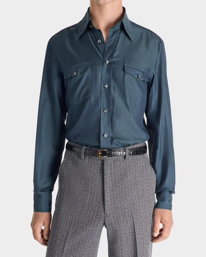 Husbands Paris | Wide Collar Shirt In Cotton & Silk Twill Indigo