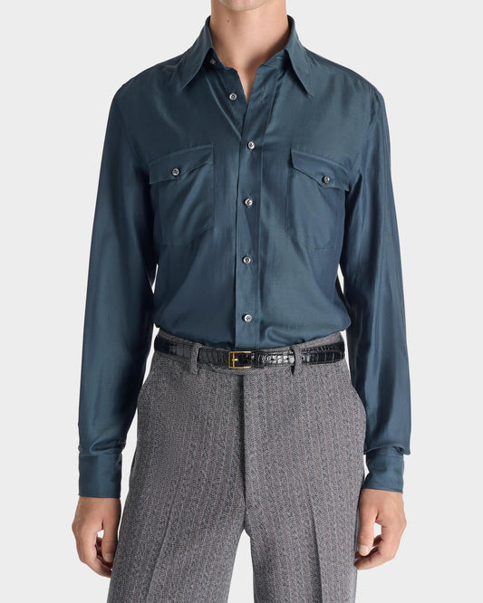 Husbands Paris | Wide Collar Shirt In Cotton & Silk Twill Indigo