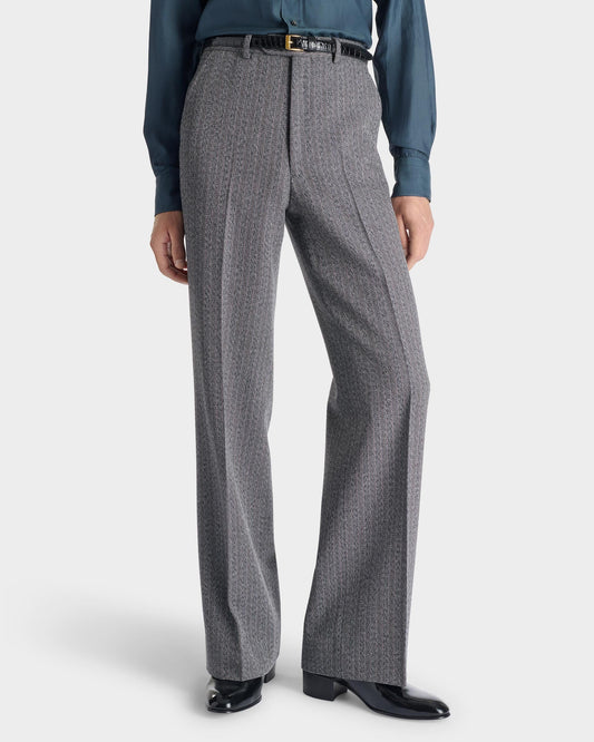 Husbands Paris | Wide Trousers in 4-ply Virgin Wool Twill Grey Herringbone With Stripes