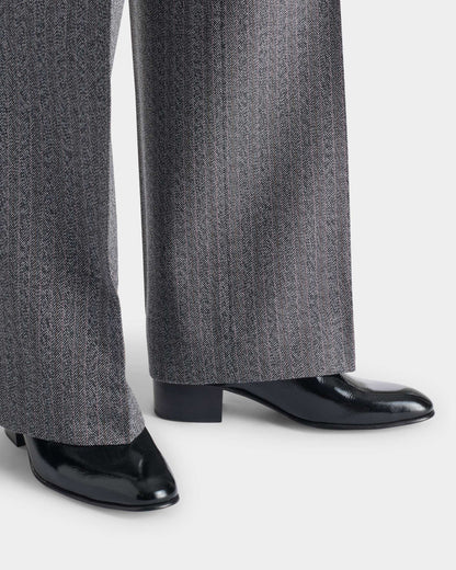 Husbands Paris | Wide Trousers in 4-ply Virgin Wool Twill Grey Herringbone With Stripes