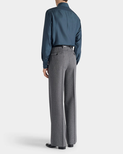 Husbands Paris | Wide Trousers in 4-ply Virgin Wool Twill Grey Herringbone With Stripes