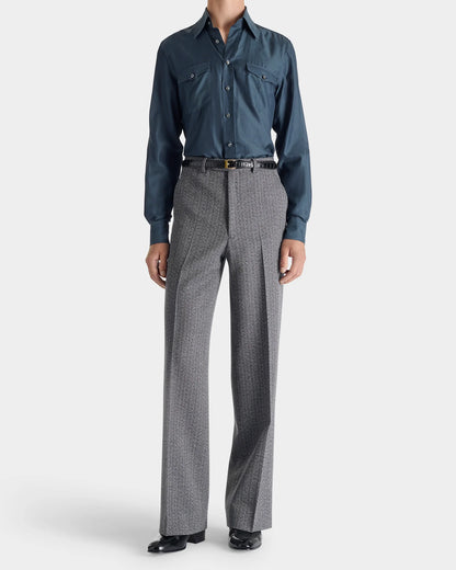Husbands Paris | Wide Trousers in 4-ply Virgin Wool Twill Grey Herringbone With Stripes