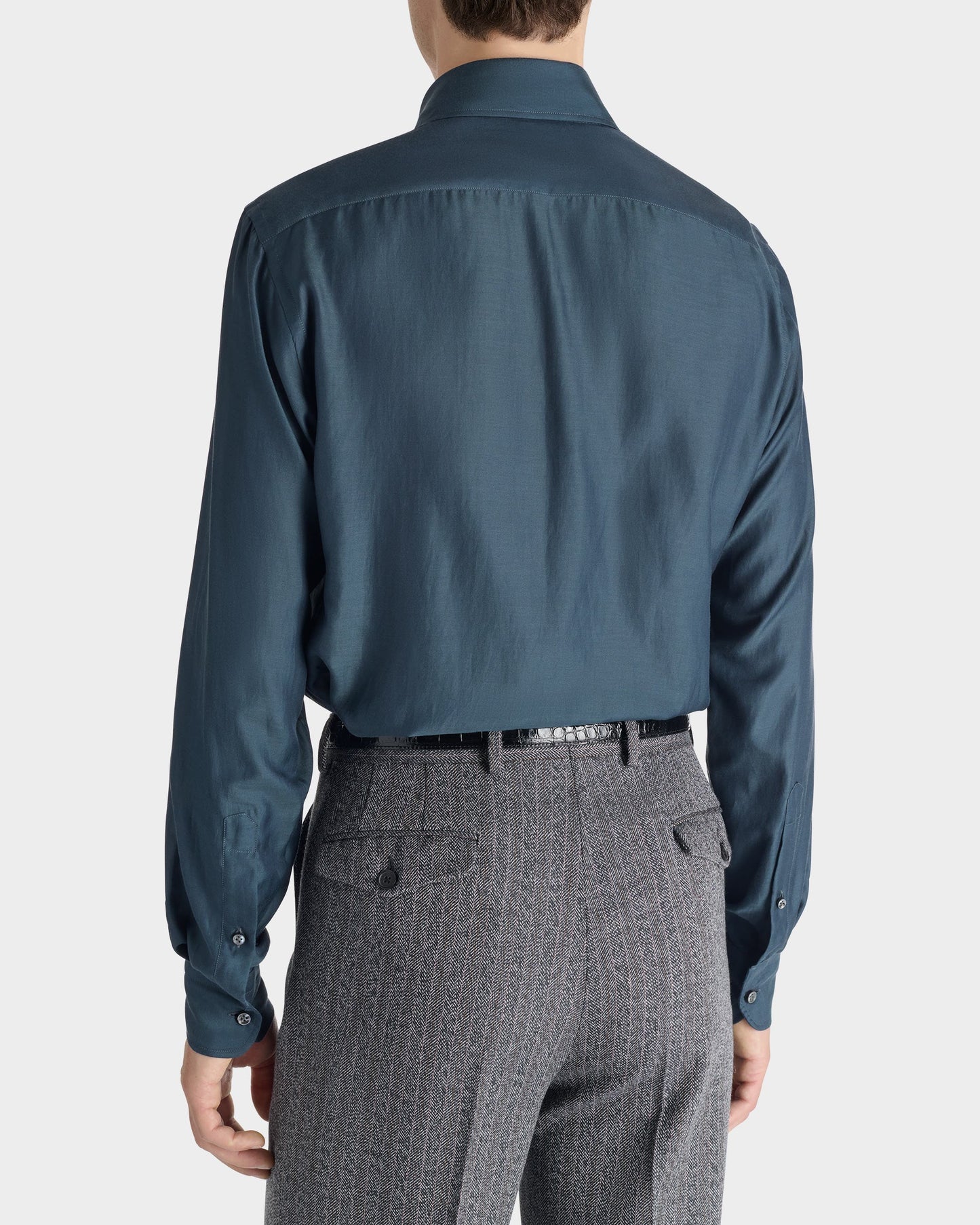 Husbands Paris | Wide Collar Shirt In Cotton & Silk Twill Indigo