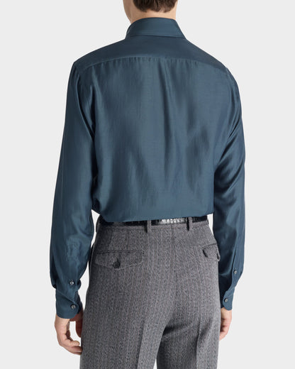 Husbands Paris | Wide Collar Shirt In Cotton & Silk Twill Indigo
