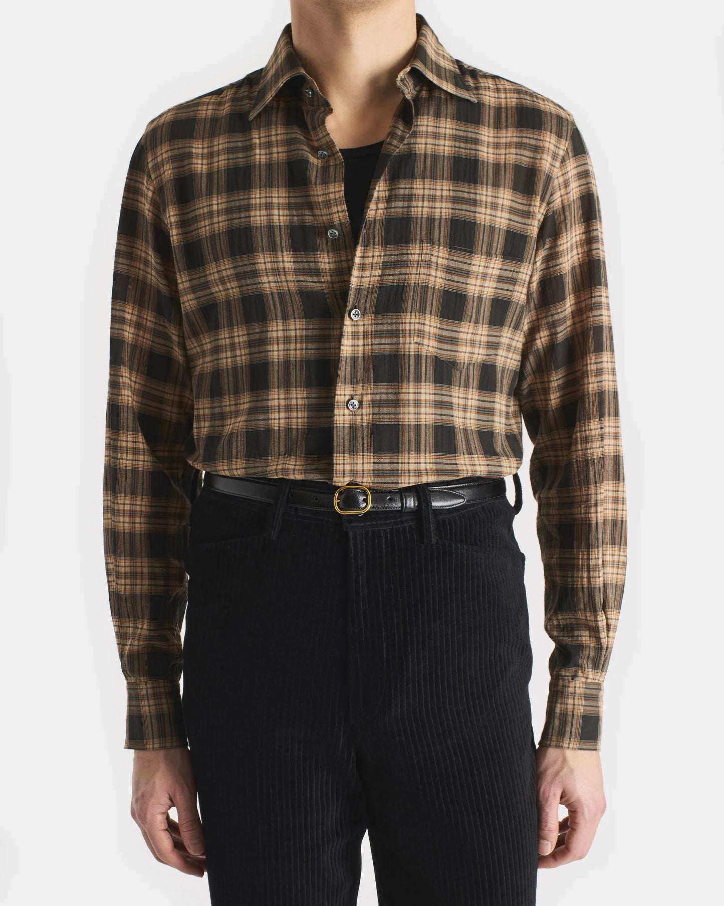 Husbands Paris | Classic Collar Shirt in Cotton Voile Dark Taupe & Beige Plaid