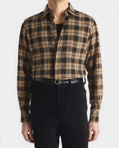 Husbands Paris | Classic Collar Shirt in Cotton Voile Dark Taupe & Beige Plaid