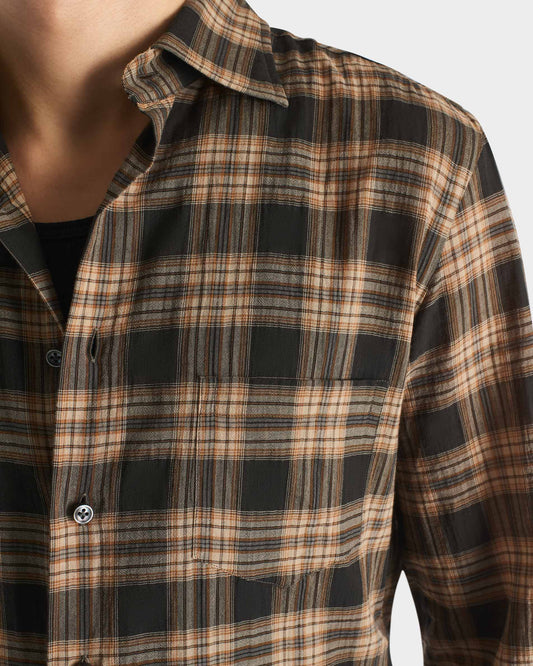 Husbands Paris | Classic Collar Shirt in Cotton Voile Dark Taupe & Beige Plaid