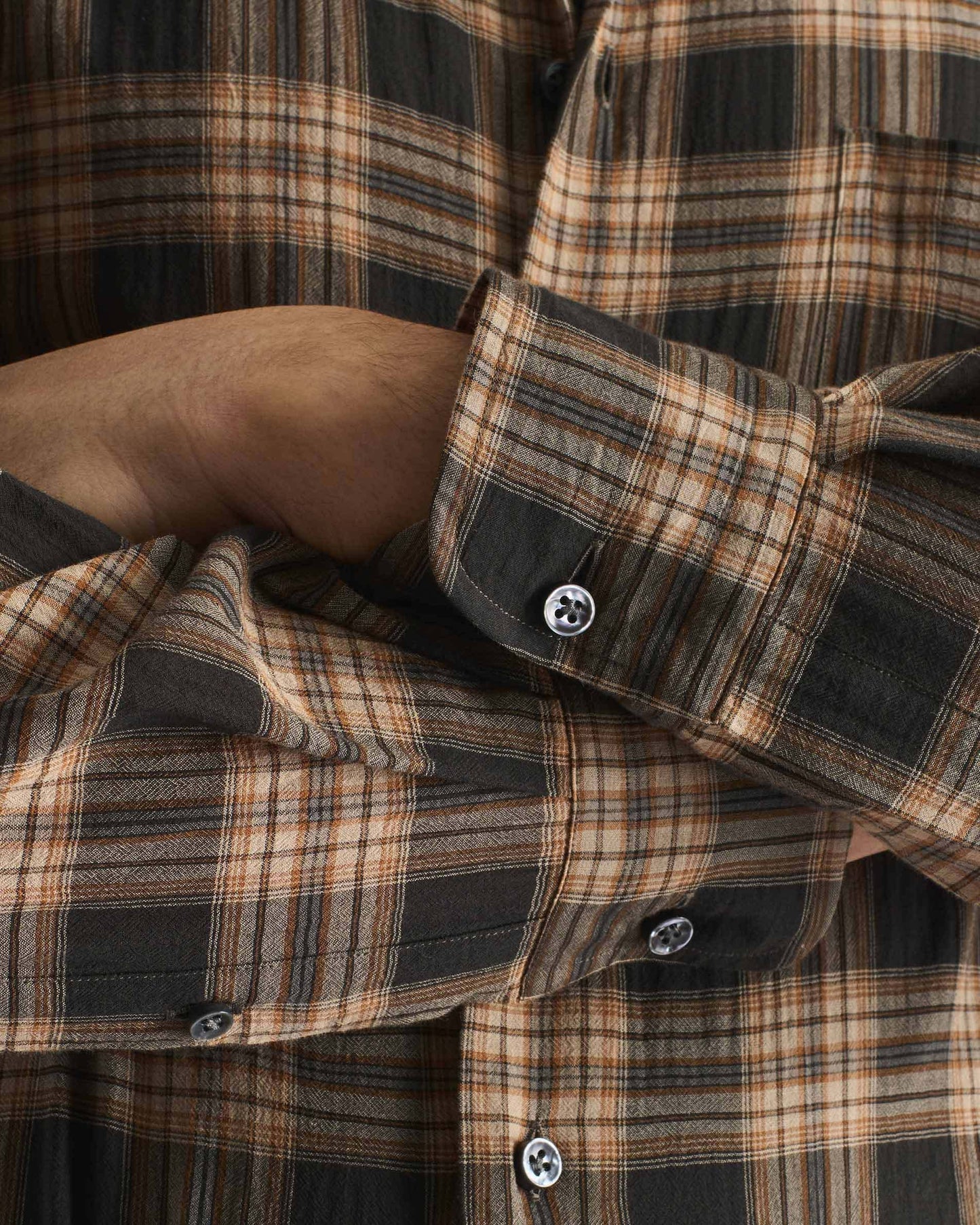 Husbands Paris | Classic Collar Shirt in Cotton Voile Dark Taupe & Beige Plaid