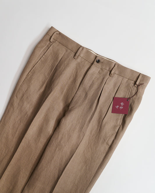 Echizenya | Brown Pleated Pure Linen Trousers
