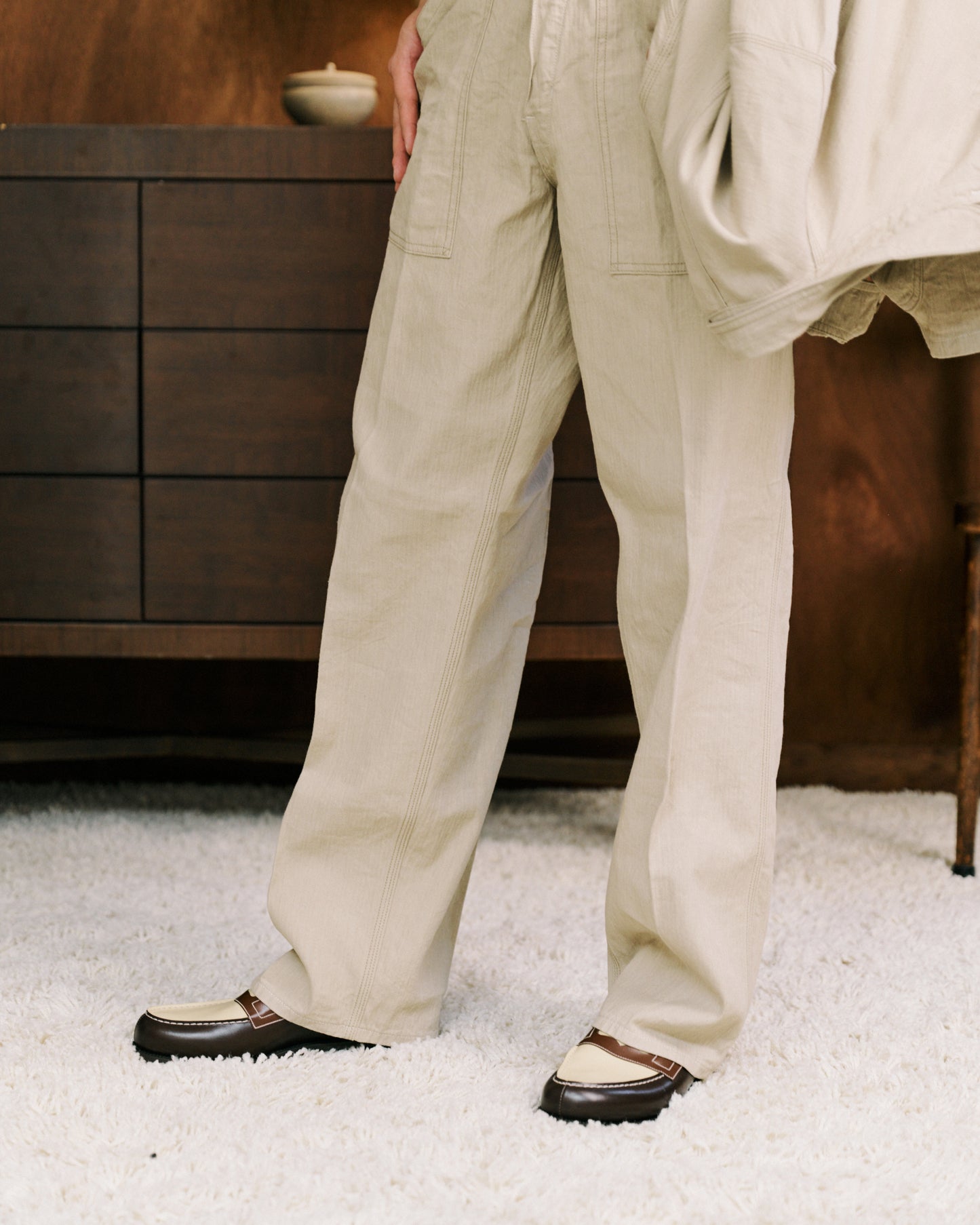Coherence | Paul Linen Cotton Trousers Ivory Chevron