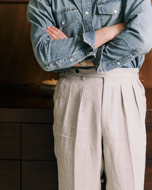 Echizenya | Ecru Pleated Pure Linen Trousers