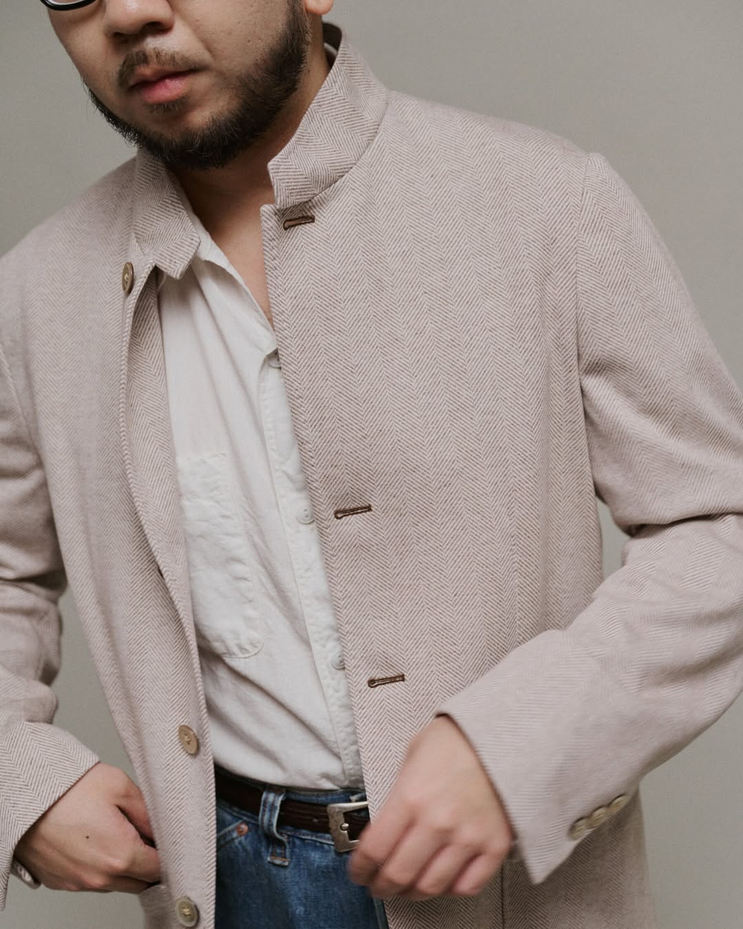 Ring Jacket | Nehru Jacket Beige Brown Herringbone