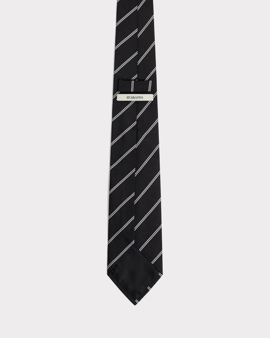 Husbands Paris | Tie In Silk Jacquard Black With White Pinstripe