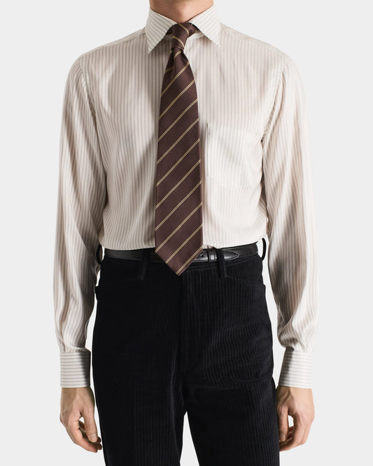 Husbands Paris | Tie In Silk Jacquard Chocolate With Gold Pinstripe