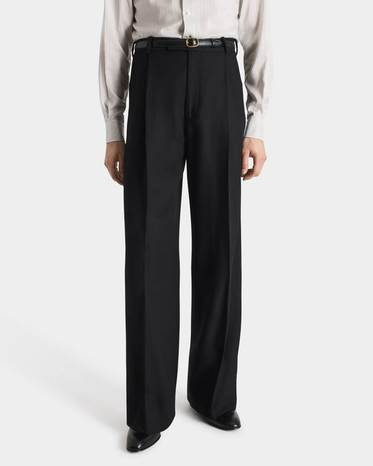 Husbands Paris | Wide Trousers in 4-ply Cavalry Virgin Wool Twill Black Herringbone
