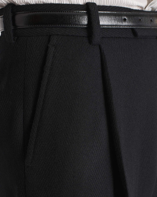 Husbands Paris | Wide Trousers in 4-ply Cavalry Virgin Wool Twill Black Herringbone