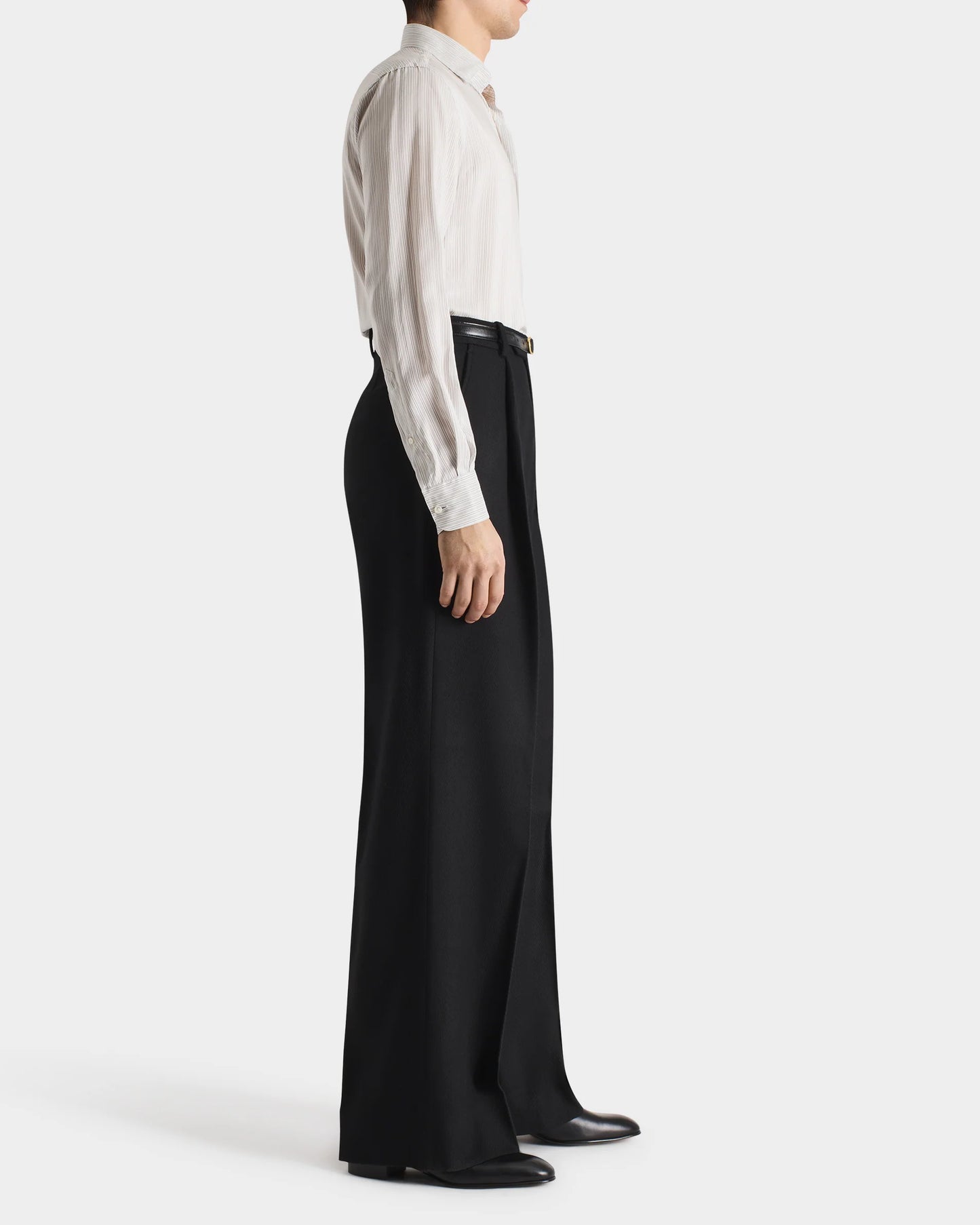 Husbands Paris | Wide Trousers in 4-ply Cavalry Virgin Wool Twill Black Herringbone