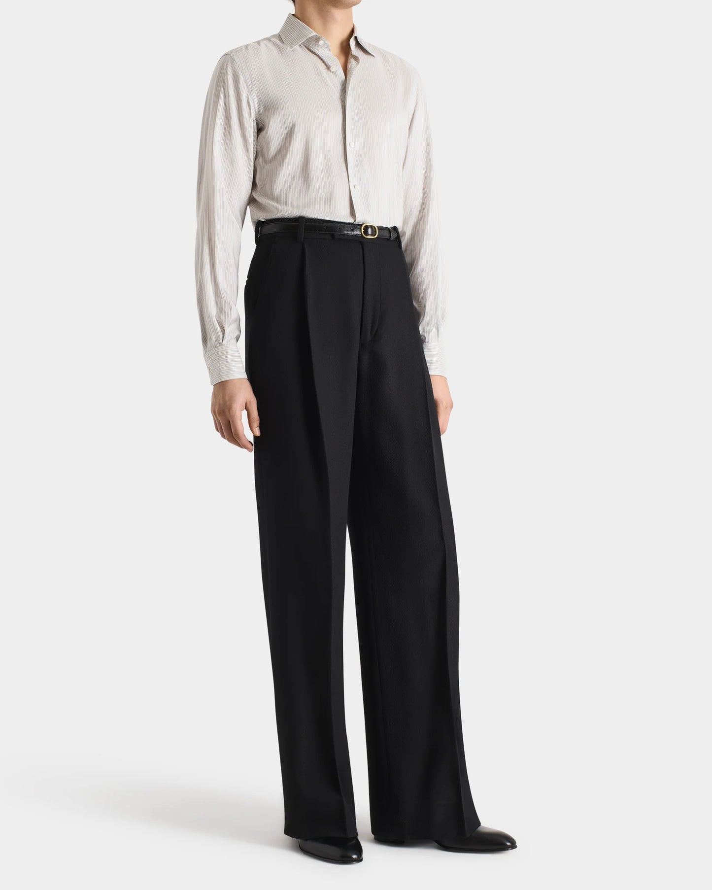 Husbands Paris | Wide Trousers in 4-ply Cavalry Virgin Wool Twill Black Herringbone