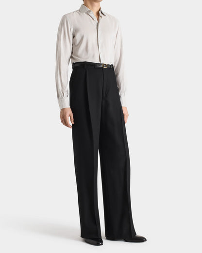 Husbands Paris | Wide Trousers in 4-ply Cavalry Virgin Wool Twill Black Herringbone