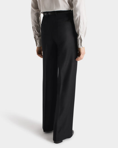 Husbands Paris | Wide Trousers in 4-ply Cavalry Virgin Wool Twill Black Herringbone
