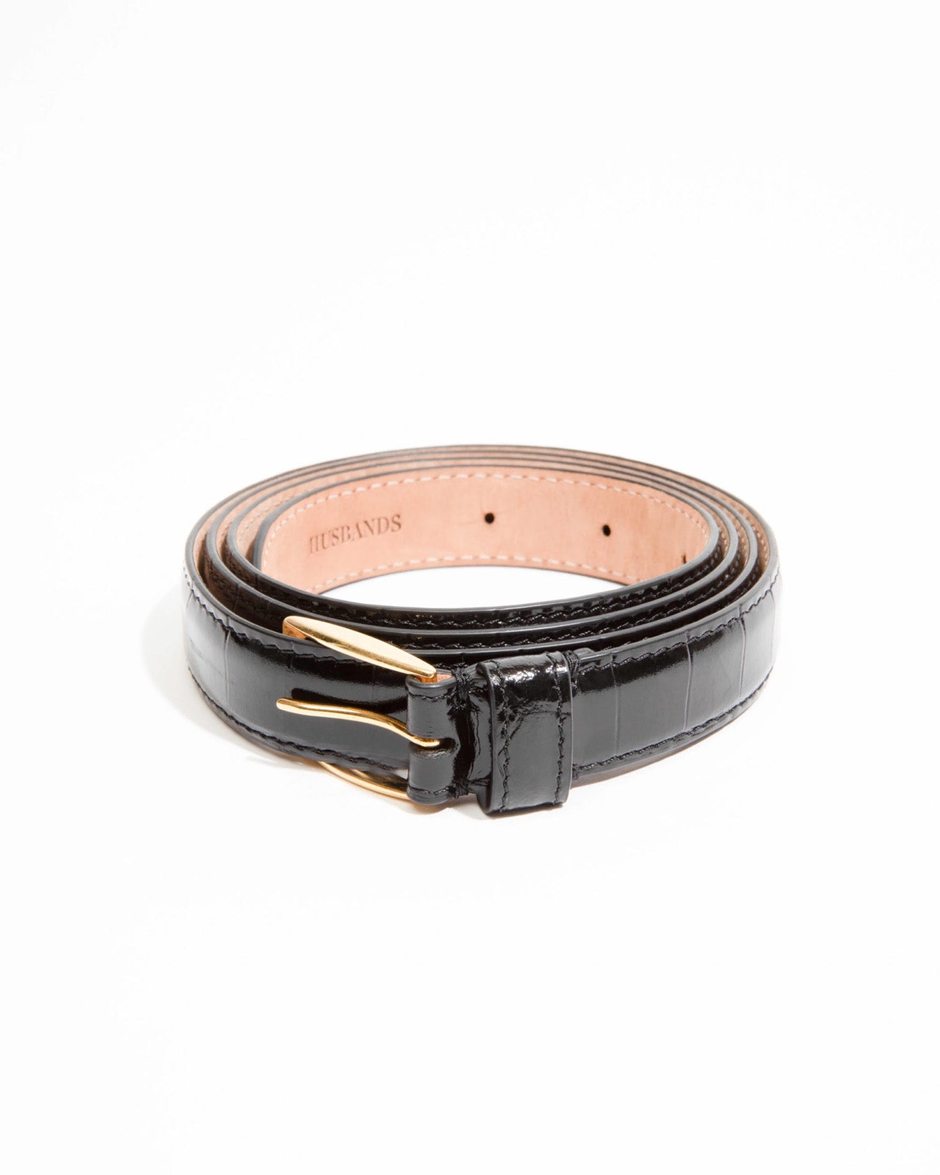 Husbands Paris | Crocodile Embossed Calfskin Thin Belt Black