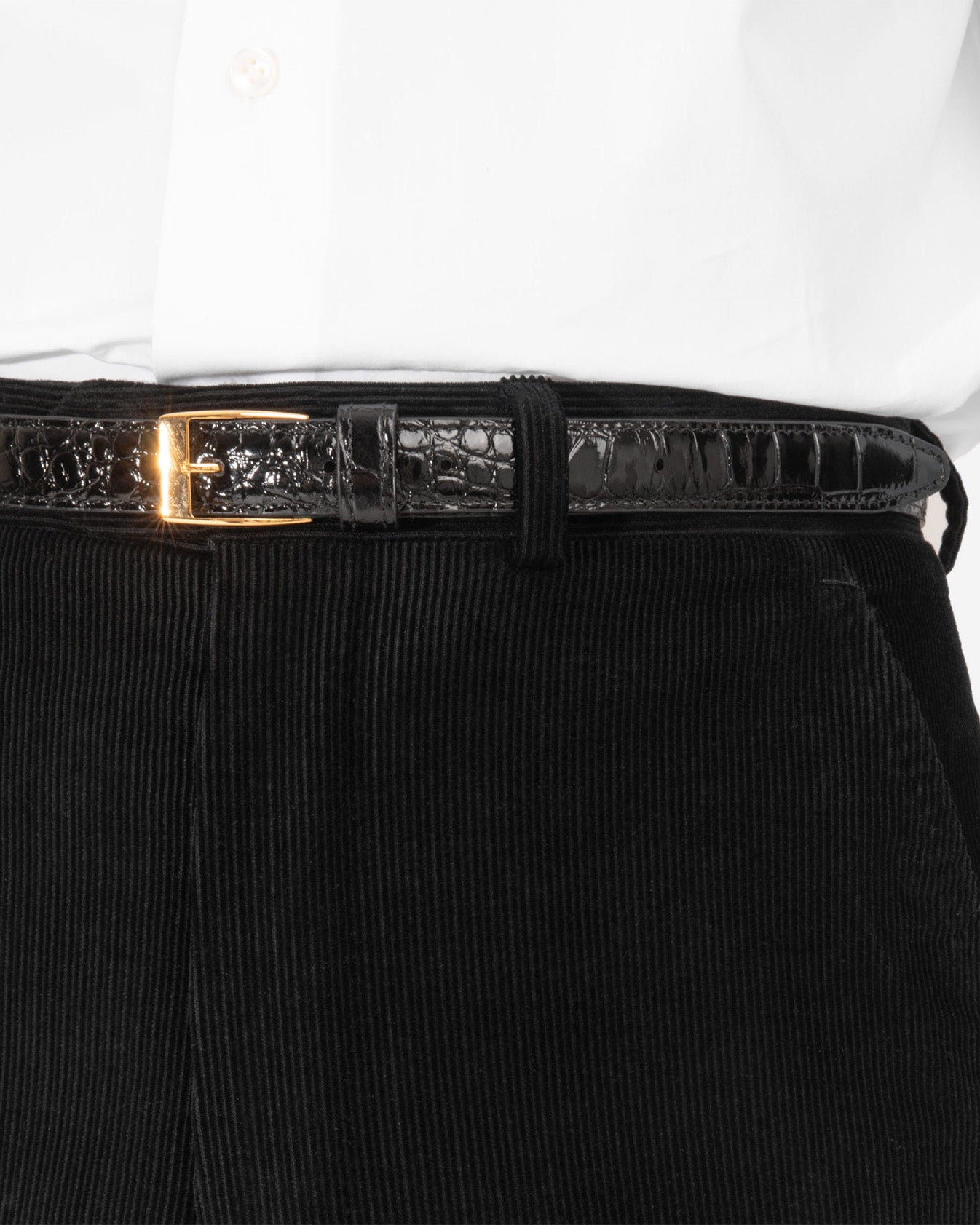 Husbands Paris | Crocodile Embossed Calfskin Thin Belt Black
